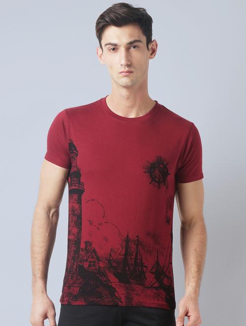 maroon cotton all over print t-shirt - 14770030 - Very Small Image - 1