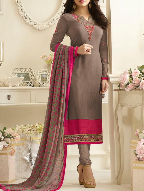 beige crepe embroidered semi-stitched suit - 14770152 - Very Small Image - 1