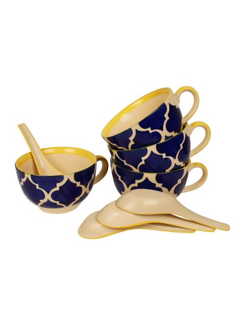 handpainted blue n yellow soup bowls with spoons - set of 4 - 14770202 - Very Small Image - 1