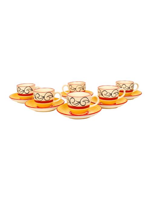 handpainted yellow & red cups saucer - set of 6 - 14770207 - Very Small Image - 1