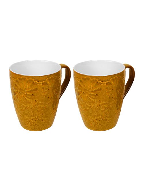 large 300 ml mustard yellow floral embossed pattern beautiful coffee mugs - set of 2 - 14770224 - Very Small Image - 1