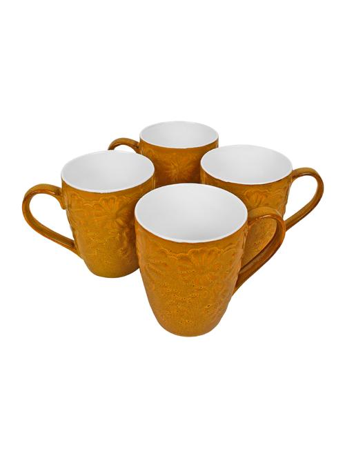 large 300 ml mustard yellow floral embossed pattern beautiful coffee mugs - set of 4 - 14770225 - Very Small Image - 1