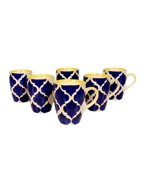 large coffee mugs handpainted in blue & yellow floral pattern - set of 6 - 14770232 - Very Small Image - 1