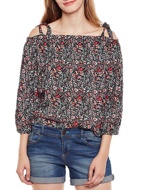 tie up cold shoulder floral top - 14770419 - Very Small Image - 1