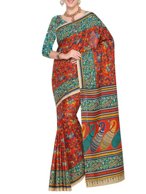 contrast bordered printed saree with blouse - 14770787 - Very Small Image - 1