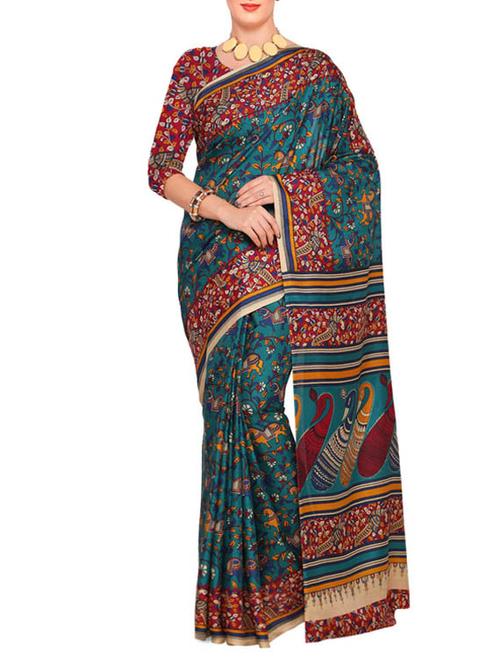 contrast bordered printed saree with blouse - 14770792 - Very Small Image - 1
