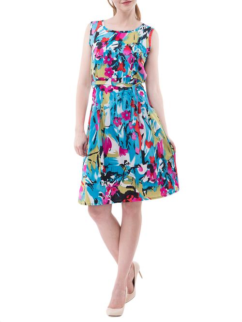 teal blue polyester fit & flare dress - 14771879 - Very Small Image - 1