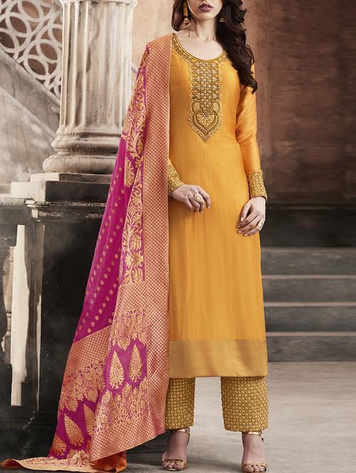 yellow silk semistitched suit - 14773048 - Very Small Image - 1
