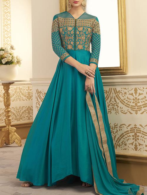 turquoise embroidered flared semi-stitched suit - 14773059 - Very Small Image - 1