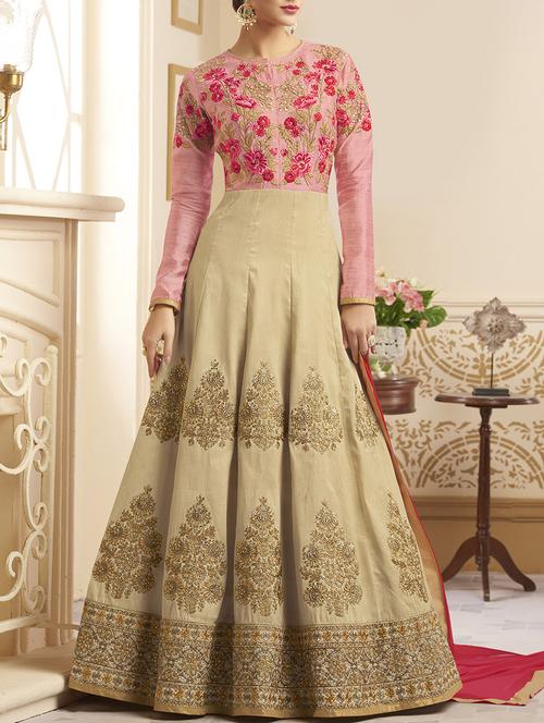 cream embroidered semi-stitched anarkali suit - 14773060 - Very Small Image - 1