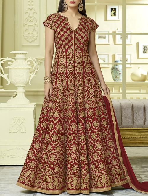 maroon silk semistitched suit - 14773063 - Very Small Image - 1