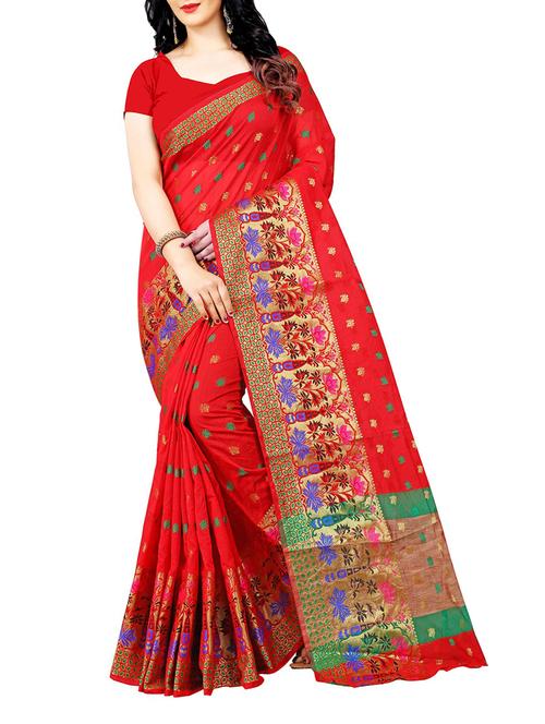 red cotton silk saree with blouse - 14773188 - Very Small Image - 1