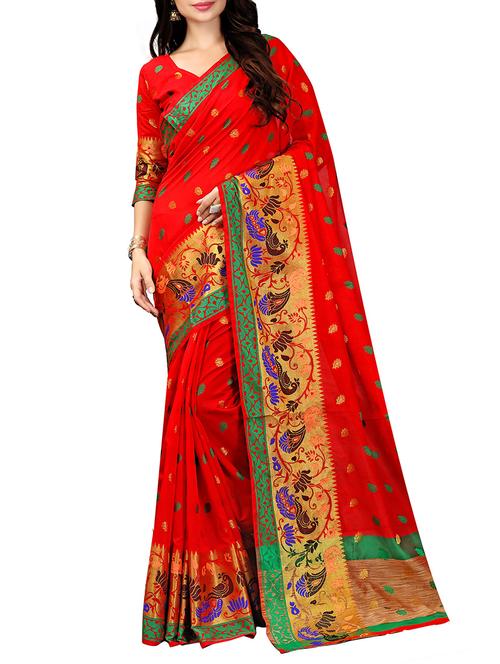 red cotton silk saree with blouse - 14773193 - Very Small Image - 1