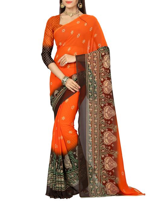 orange georgette printed saree with blouse - 14773563 - Very Small Image - 1