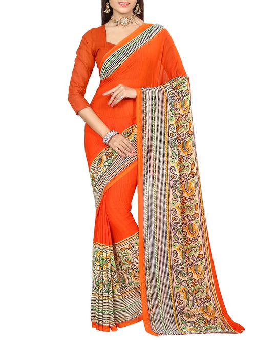 orange georgette printed saree with blouse - 14773570 - Very Small Image - 1