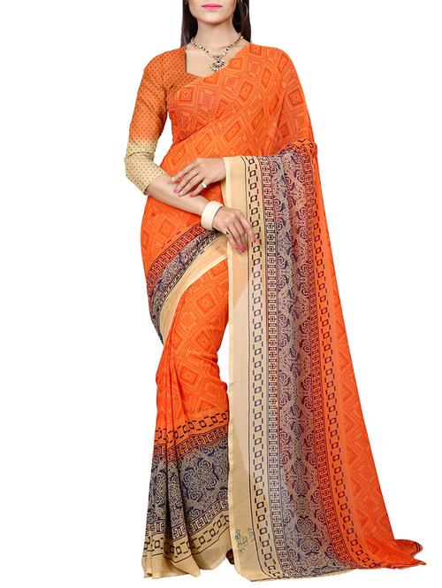orange georgette printed saree with blouse - 14773577 - Very Small Image - 1