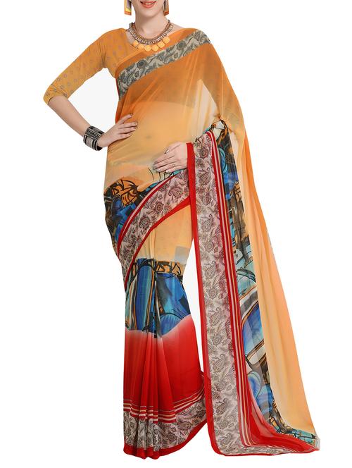 orange georgette printed saree with blouse - 14773585 - Very Small Image - 1