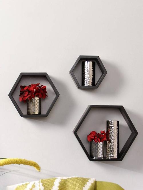 home deco black hexagon shape storage wall shelves set of 3 - 14774302 - Very Small Image - 1