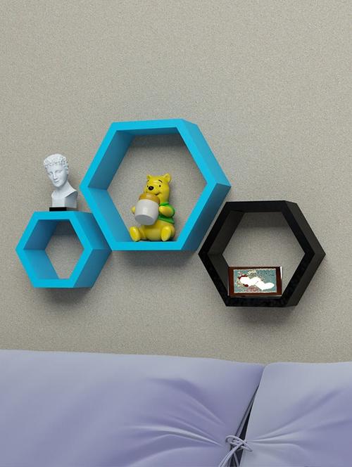 home deco black/ blue hexagon shape storage wall shelves set of 3 - 14774303 - Very Small Image - 1