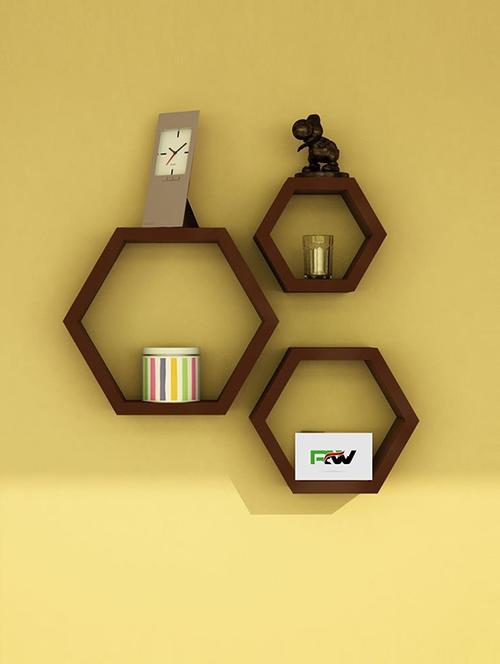 home deco brown hexagon shape storage wall shelves set of 3 - 14774306 - Very Small Image - 1