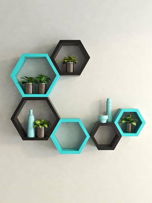 royals woods home decor hexagon shape storage wall shelves set-6 -black & blue - 14774316 - Very Small Image - 1