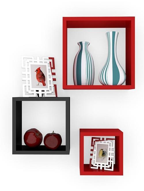 home&decor nesting square wooden wall shelf set 3-black-red - 14774347 - Very Small Image - 1