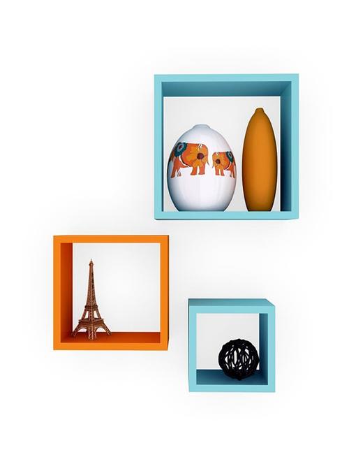 home&decor nesting square wooden wall shelf set 3- orange- sky blue - 14774353 - Very Small Image - 1