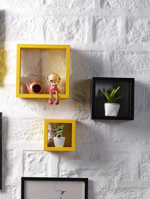 home&decor nesting square wooden wall shelf set 3- yellow-black - 14774360 - Very Small Image - 1