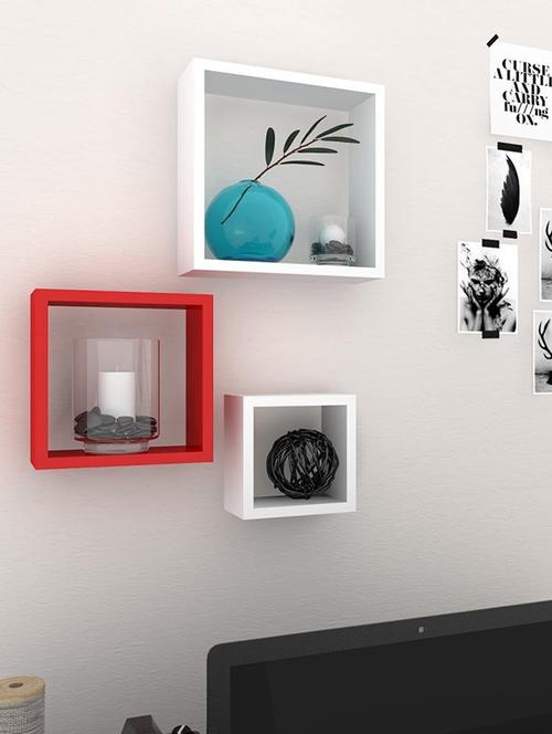 home&decor nesting square wooden wall shelf set 3- red-white - 14774361 - Very Small Image - 1