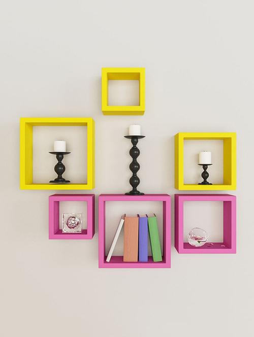 home&decor pink / yellow nesting square wooden wall shelf set 6 - 14774377 - Very Small Image - 1