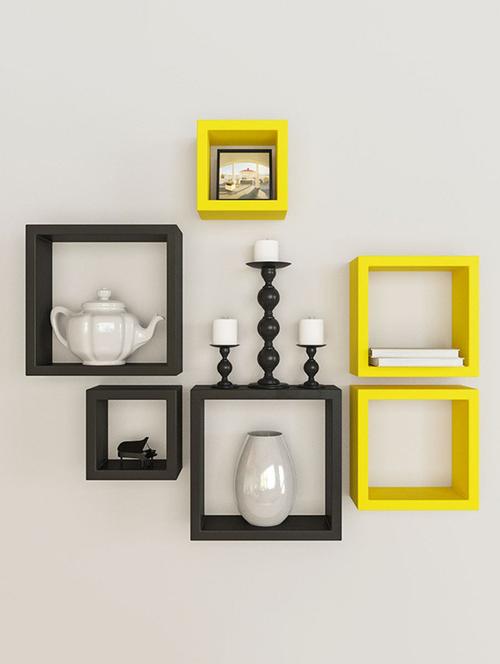 home&decor yellow / black nesting square wooden wall shelf set 6 - 14774384 - Very Small Image - 1