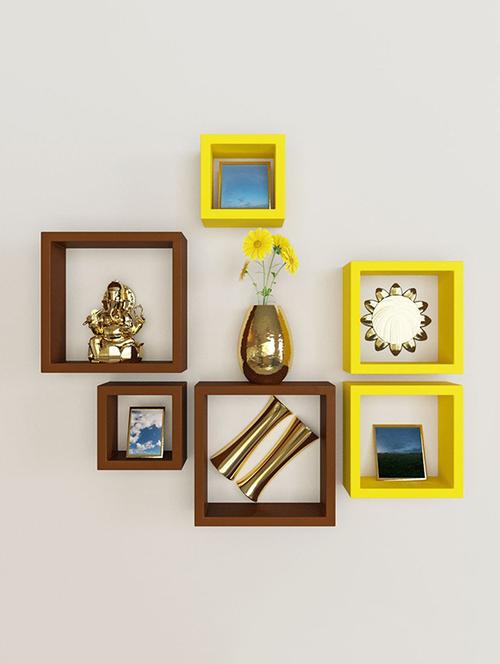 home&decor yellow / brown nesting square wooden wall shelf set 6 - 14774385 - Very Small Image - 1