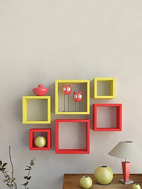 home&decor yellow / red nesting square wooden wall shelf set 6 - 14774386 - Very Small Image - 1