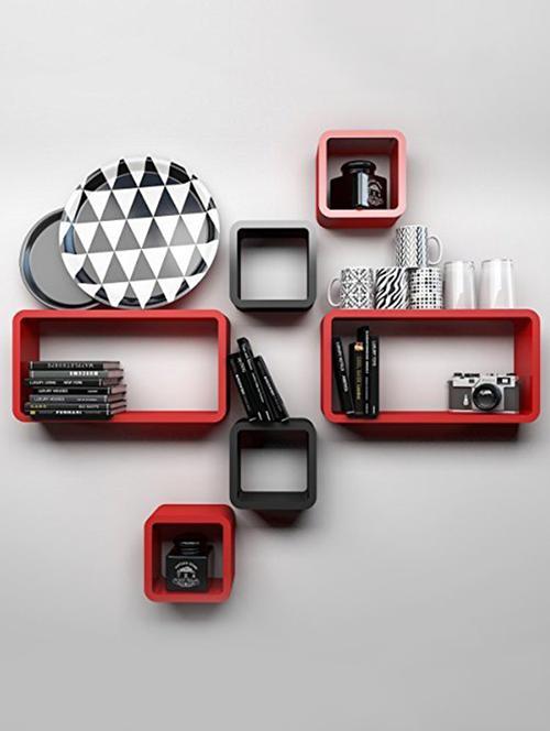 wall shelf set of six cube rectangle designer wall rack shelves - black & red - 14774406 - Very Small Image - 1