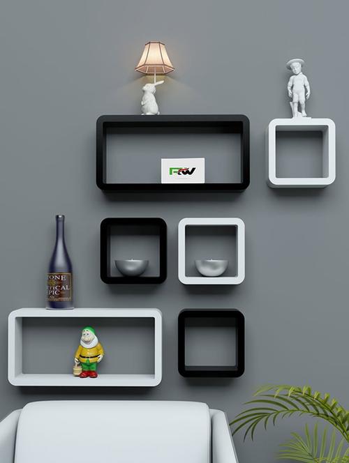 wall shelf set of six cube rectangle designer wall rack shelves - black & white - 14774407 - Very Small Image - 1