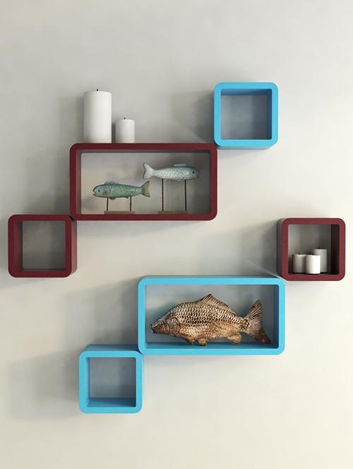 wall shelf set of six cube rectangle designer wall rack shelves - meroon & blue - 14774412 - Very Small Image - 1