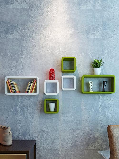 wall shelf set of six cube rectangle designer wall rack shelves - green & white - 14774417 - Very Small Image - 1
