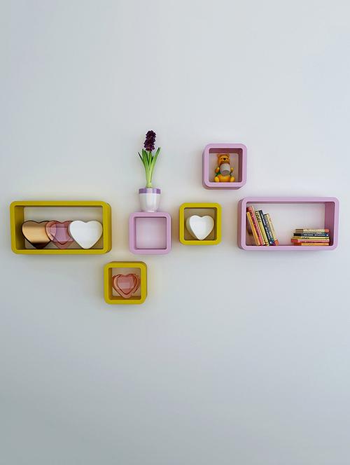 wall shelf set of six cube rectangle designer wall rack shelves - pink & yellow - 14774437 - Very Small Image - 1