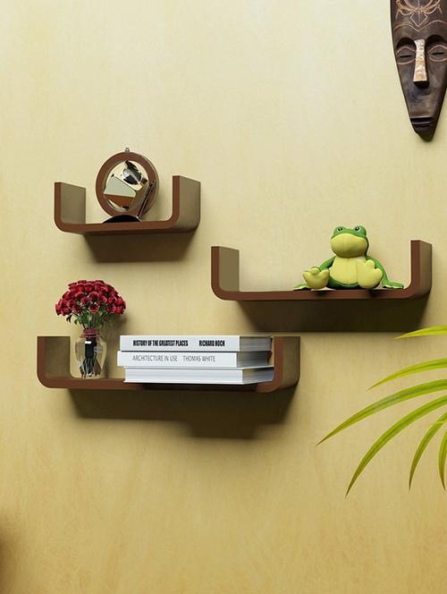 home decornation u-shaped round coner floating wall shelf, set of 3-brown - 14774446 - Very Small Image - 1