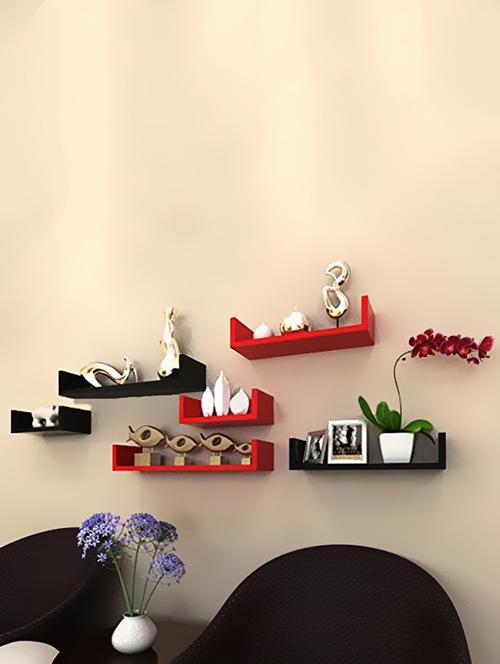 home decornation u-shaped round coner floating wall shelf, set of 6-red-black - 14774449 - Very Small Image - 1
