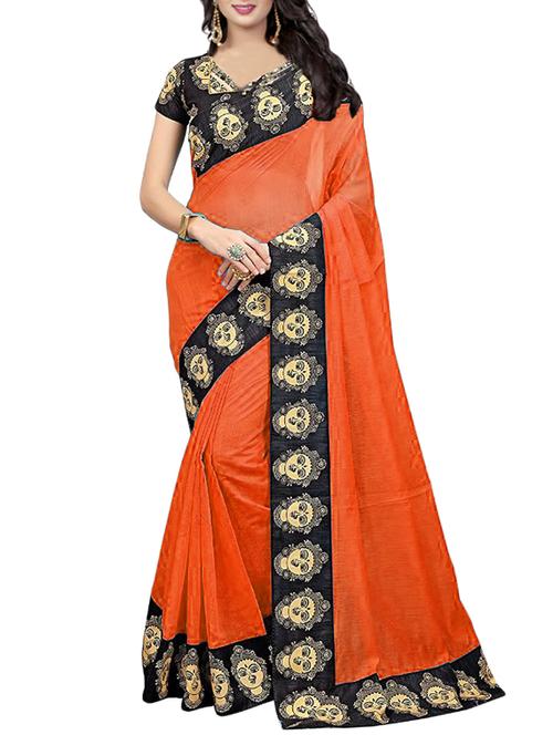 orange cotton blend bordered saree with blouse - 14775135 - Very Small Image - 1