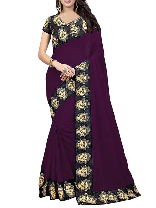 purple cotton blend bordered saree with blouse - 14775136 - Very Small Image - 1