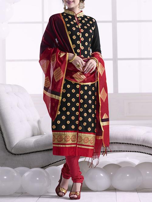 black cotton embroidered unstitched suit - 14776148 - Very Small Image - 1