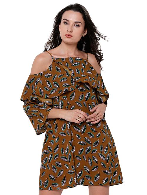 leaf print cold shoulder layered dress - 14777489 - Very Small Image - 1