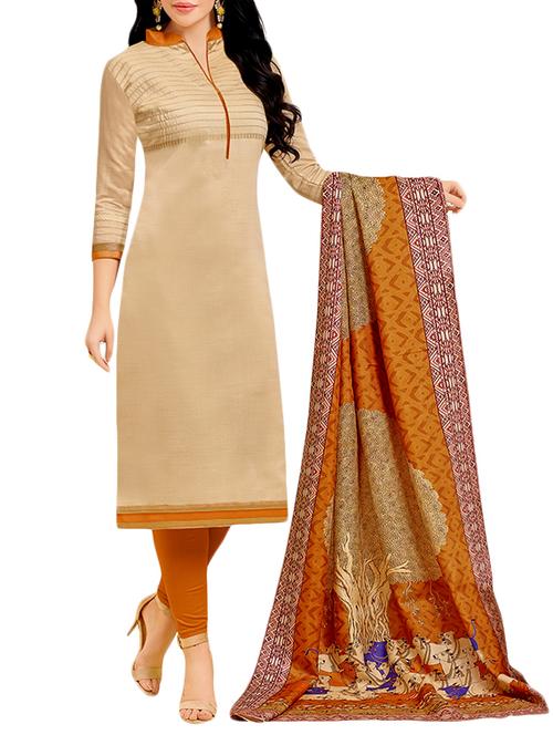 beige cotton unstitched suit - 14777711 - Very Small Image - 1