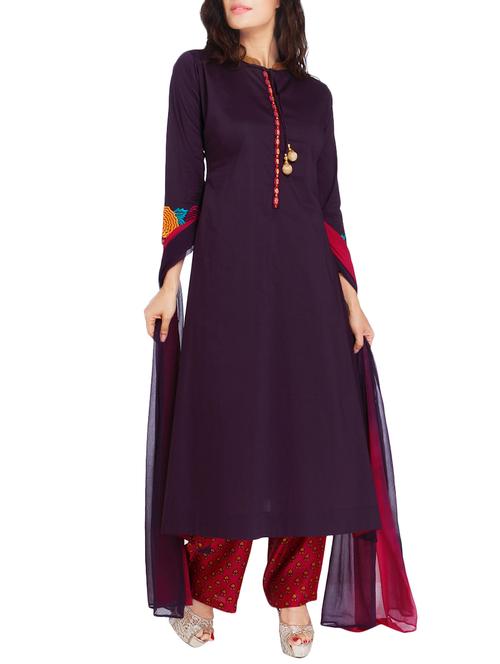 purple satin stitched palazzo suit - 14779395 - Very Small Image - 1