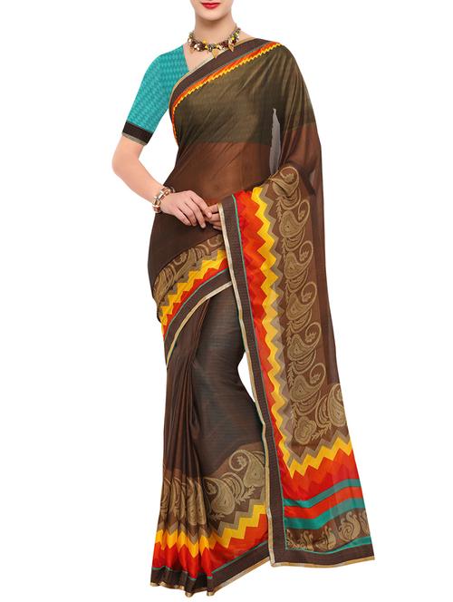 brown georgette printed saree with blouse - 14779495 - Very Small Image - 1