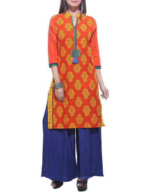 orange cotton straight kurta - 14779543 - Very Small Image - 1