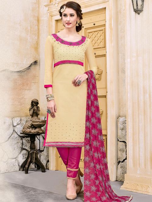 beige cotton unstitched suit - 14780229 - Very Small Image - 1