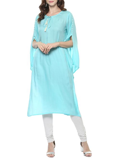 turquoise cotton straight solid kurta - 14780447 - Very Small Image - 1